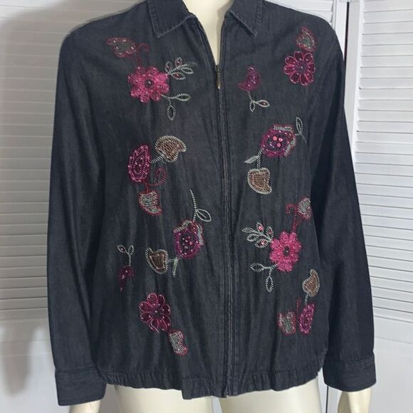 Vintage Breckinridge Floral Embroidered Zip Up Denim Shirt Jacket Large - Picture 1 of 16